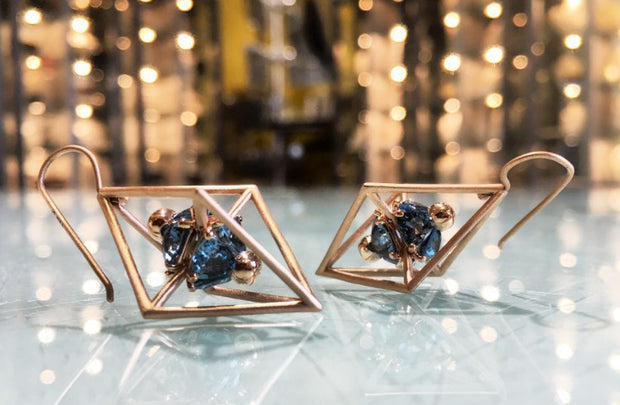 Aquamarine and Rose Gold Earrings - "Brilliant Birdcage"