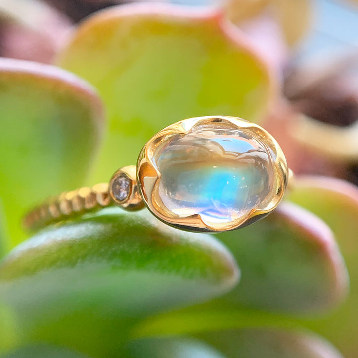 Rainbow Moonstone & Diamond Wishing Well Ring - "Prismatic Daydream"