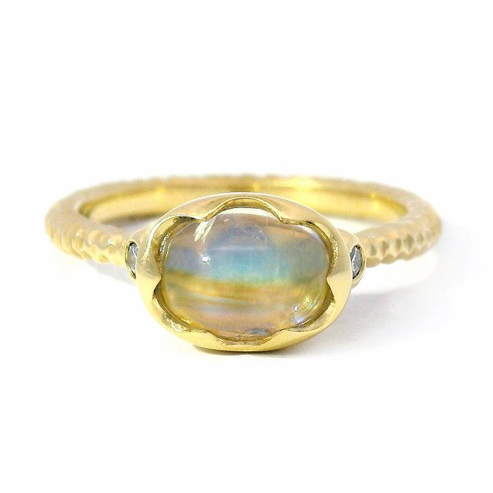 Rainbow Moonstone & Diamond Wishing Well Ring - "Prismatic Daydream"