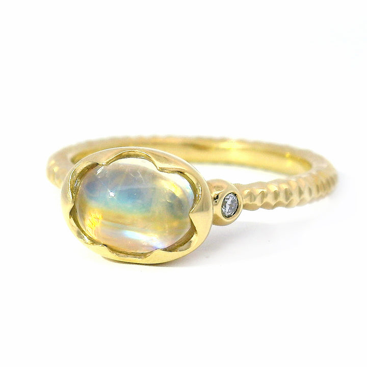 Rainbow Moonstone & Diamond Wishing Well Ring - "Prismatic Daydream"