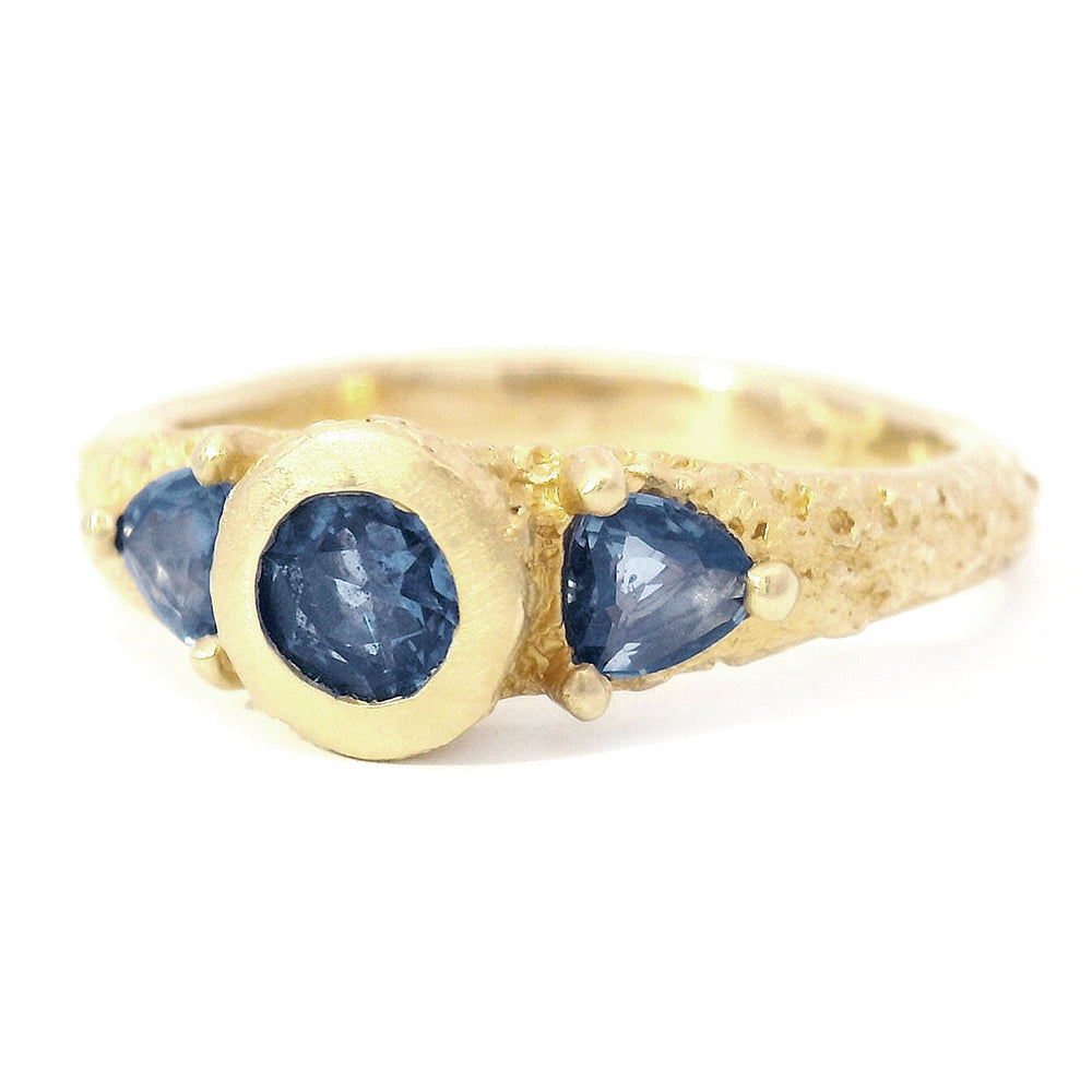 Yogo Sapphire Three Stone Ring - "Buried Gems"