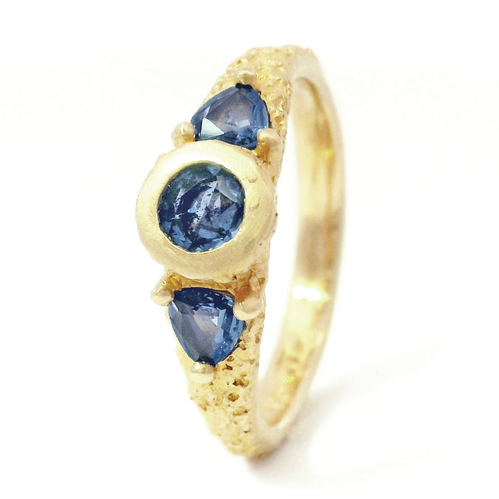 Yogo Sapphire Three Stone Ring - "Buried Gems"