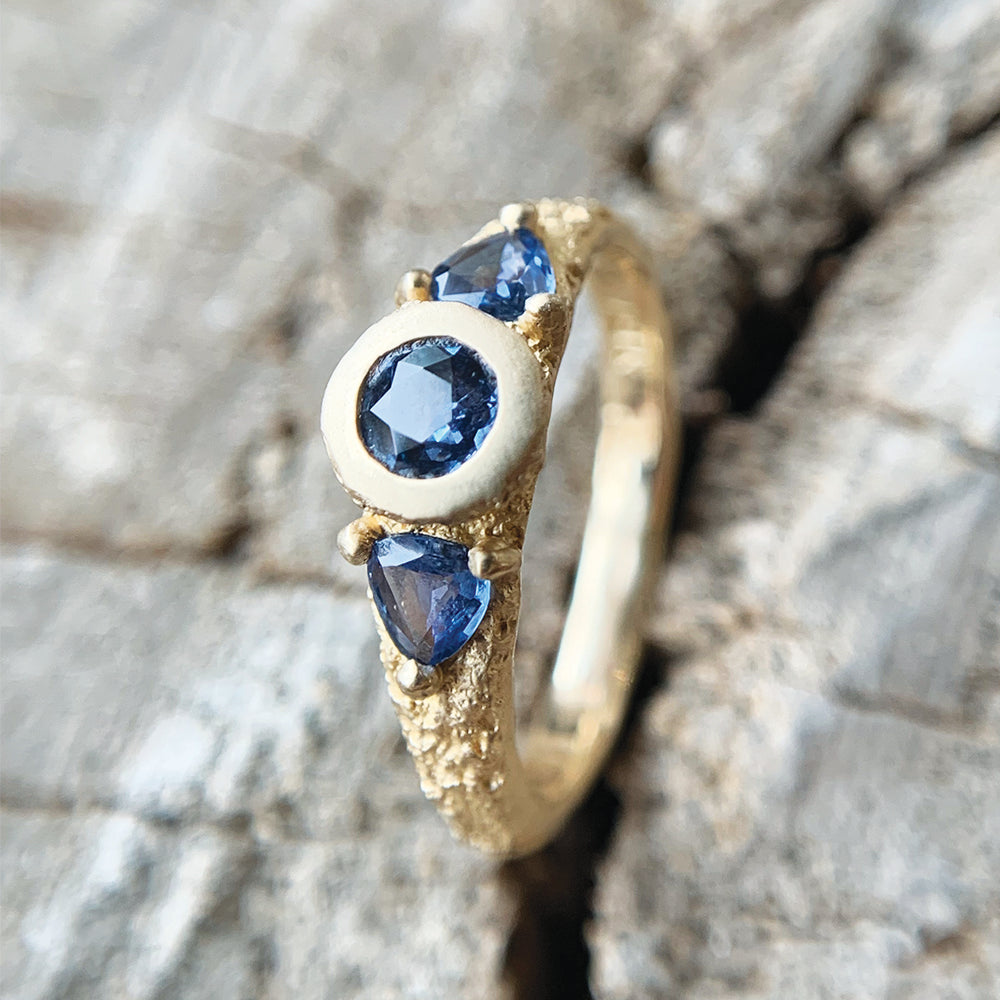 Yogo Sapphire Three Stone Ring - "Buried Gems"
