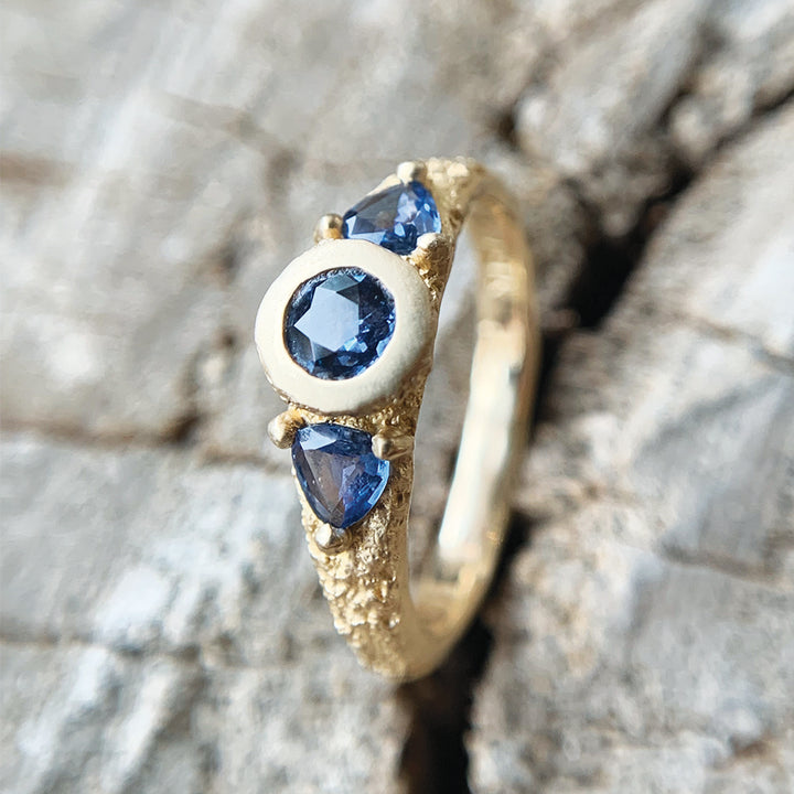 Yogo Sapphire Three Stone Ring - "Buried Gems"