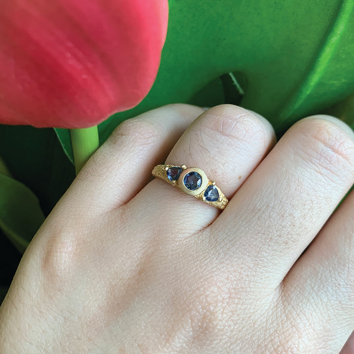 Yogo Sapphire Three Stone Ring - "Buried Gems"