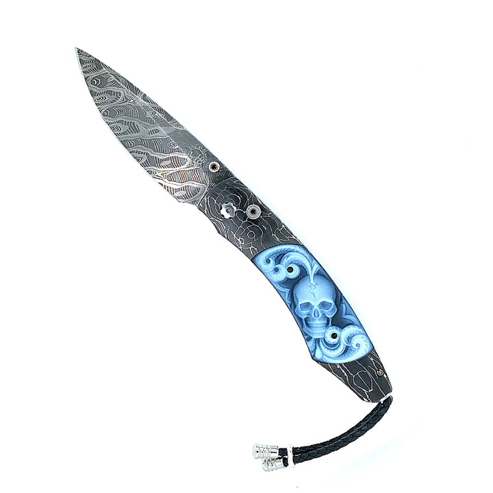 Damascus Steel & Carved Agate Spearpoint Knife - "B12 Belfry"