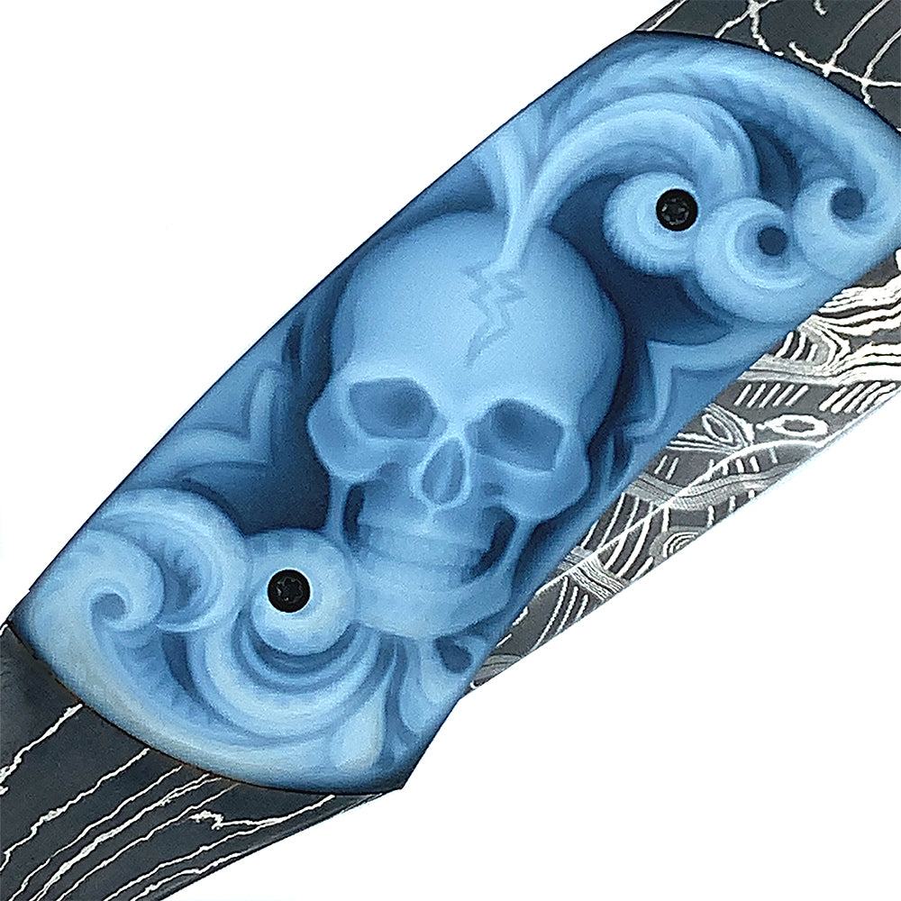 Damascus Steel & Carved Agate Spearpoint Knife - "B12 Belfry"