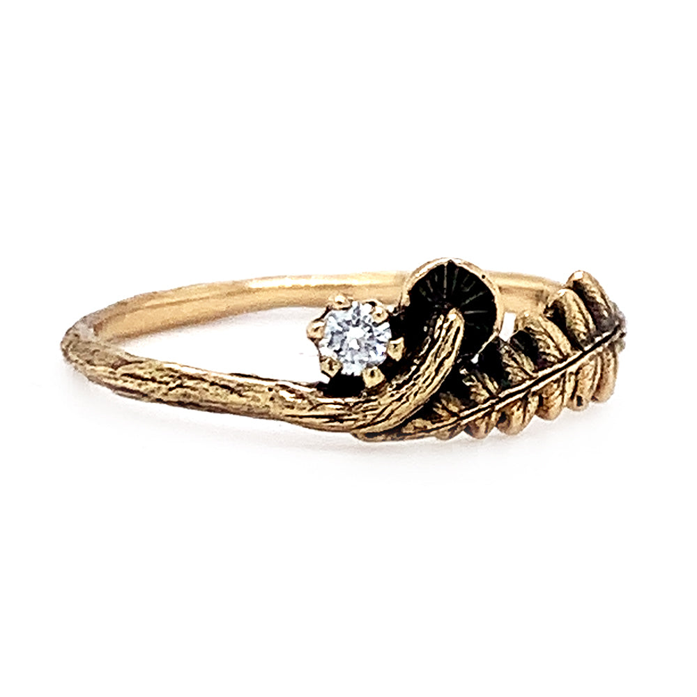 14K Yellow Gold & Diamond Ring - "Mushroom and Fern"