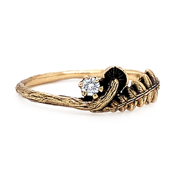 14K Yellow Gold & Diamond Ring - "Mushroom and Fern"
