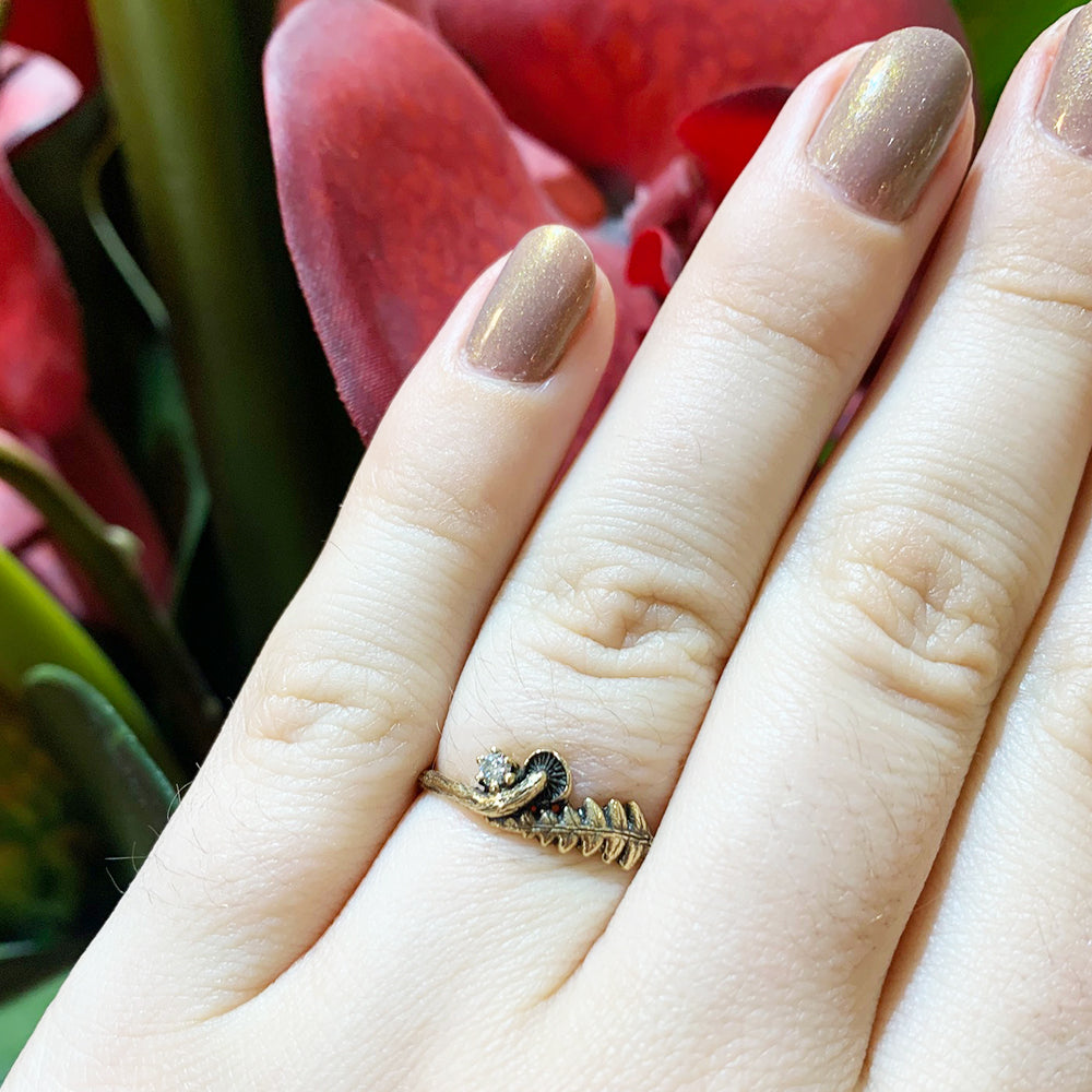 14K Yellow Gold & Diamond Ring - "Mushroom and Fern"