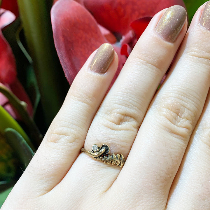 14K Yellow Gold & Diamond Ring - "Mushroom and Fern"