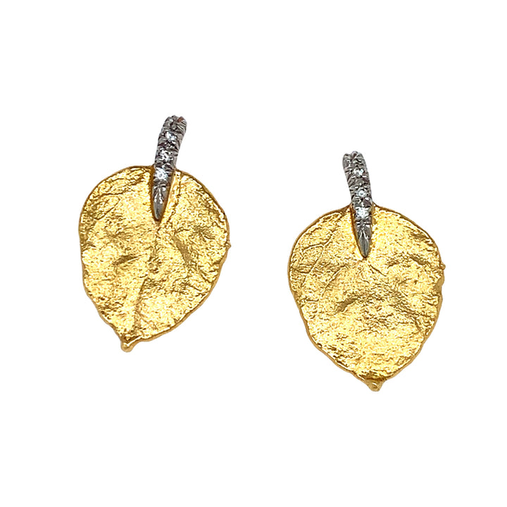 Gold & Diamond Leaf Earrings - "Glittering Aspen"