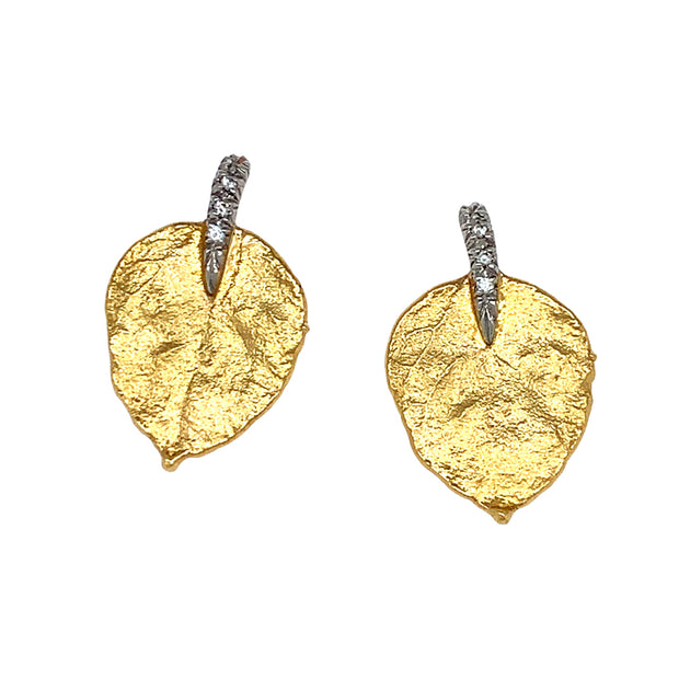 Gold and Diamond Leaf Earrings - "Glittering Aspen"