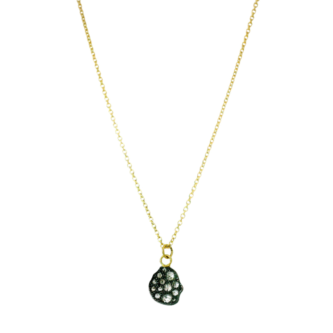 Meteor inverted diamond pendant necklace in oxidized silver and gold