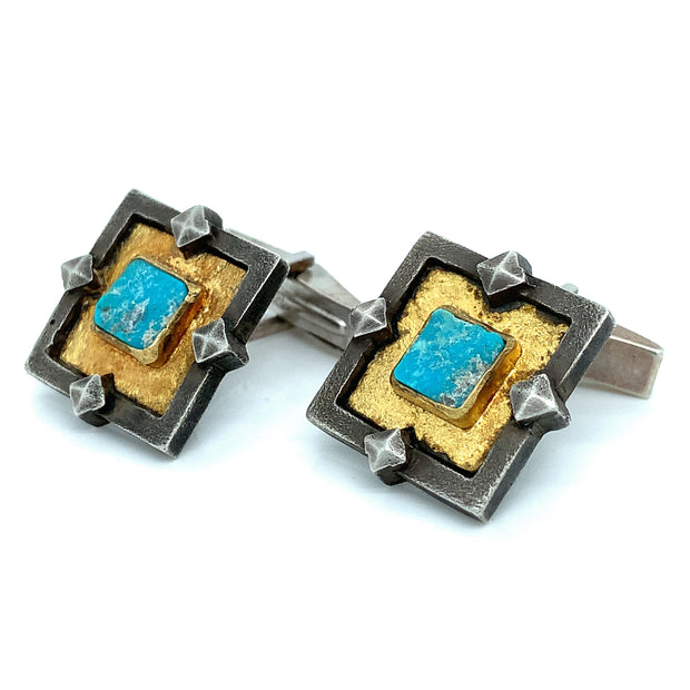 Gold & Oxidized Sterling Silver Natural Turquoise Cufflinks - "The Faramir"