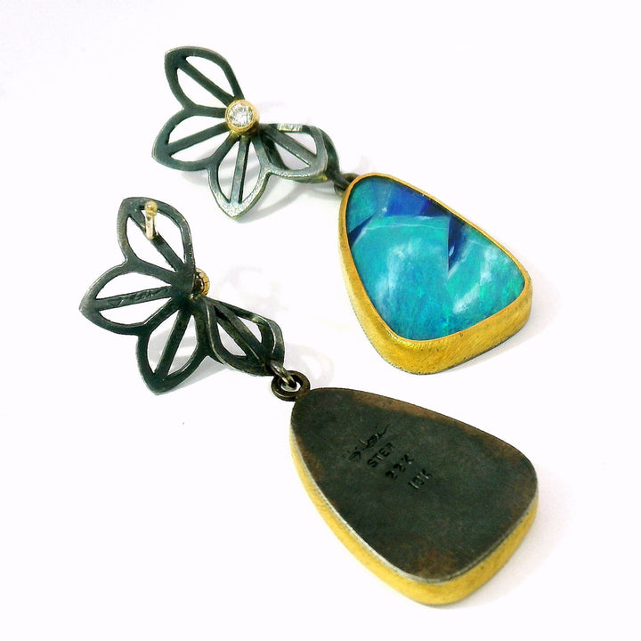 Opal, Gold & Sterling Silver Drop Earrings - "Petite Anise"