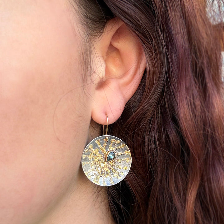 Montana Sapphire, Diamond, Yellow Gold & Silver Earrings - "Sunseed"