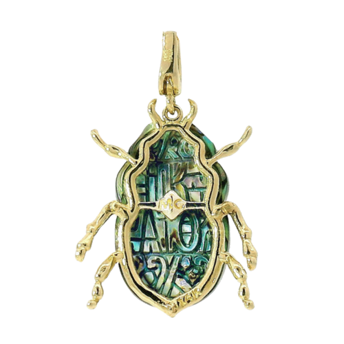 Carved Chalcedony, Abalone & Diamond Pendant - "Luminescent Scarab Beetle"