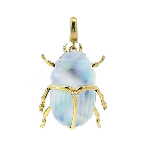 Carved Chalcedony, Abalone & Diamond Pendant - "Luminescent Scarab Beetle"