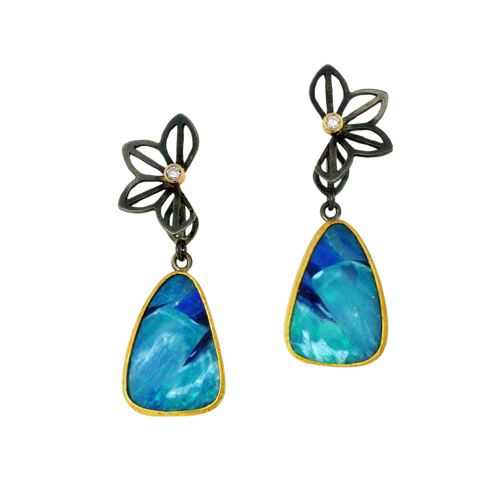 Opal, Gold & Sterling Silver Drop Earrings - "Petite Anise"