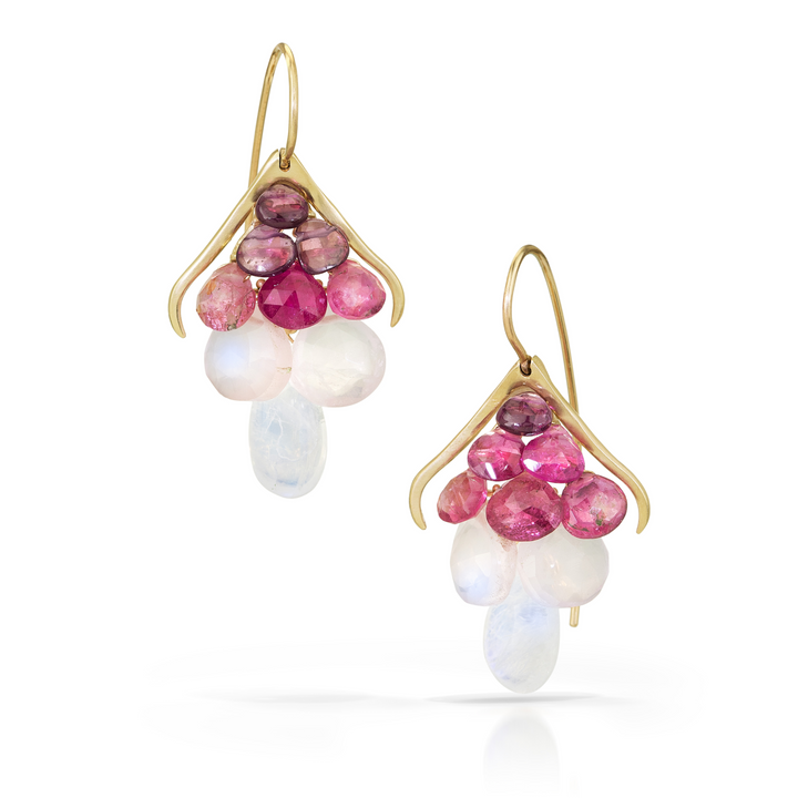 Moonstone, Rose Quartz, Garnet & Pink Tourmaline Earrings - "Plumage"