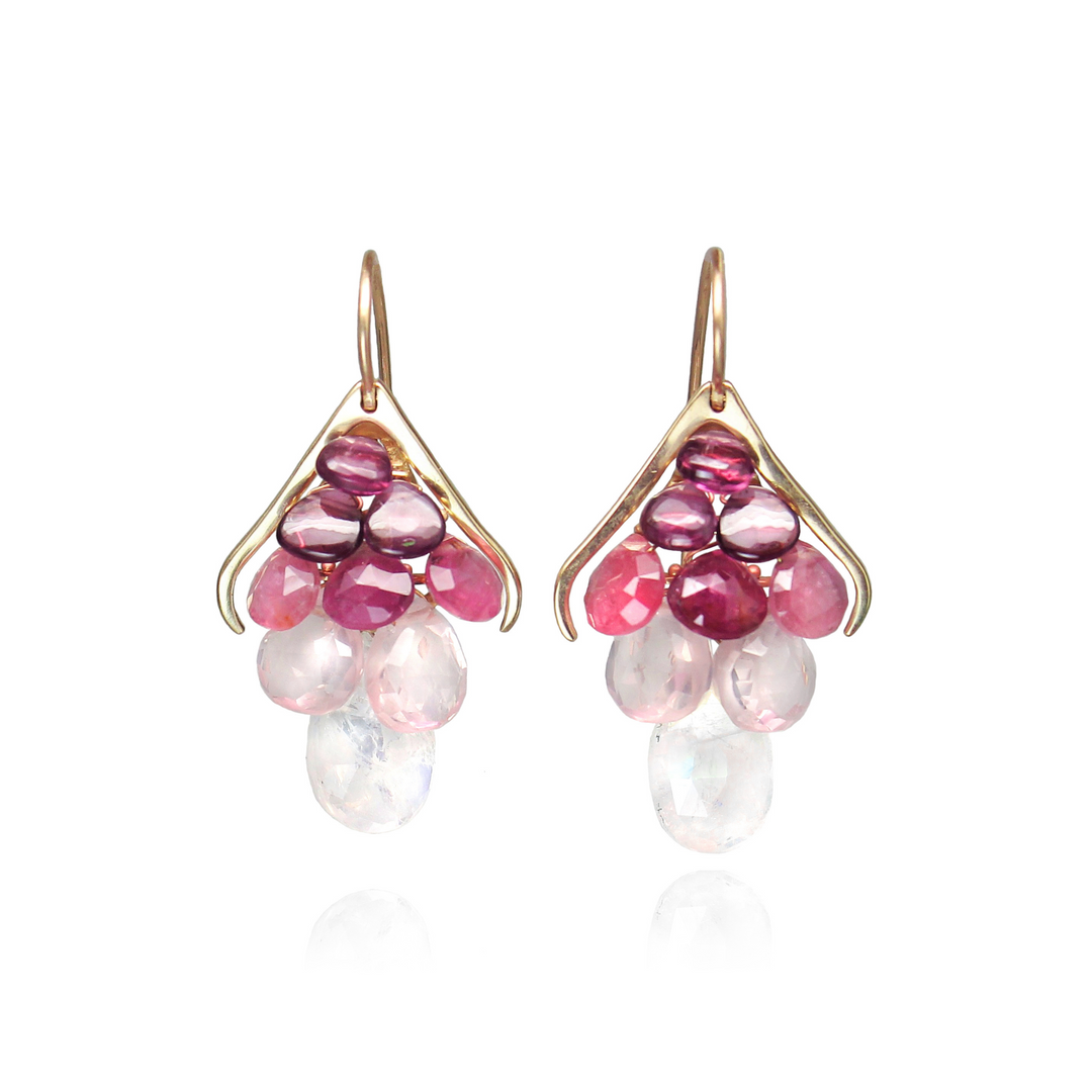 Moonstone, Rose Quartz, Garnet & Pink Tourmaline Earrings - "Plumage"