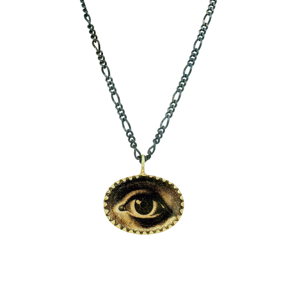Etched eye motif necklace with oxidized silver Figaro chain