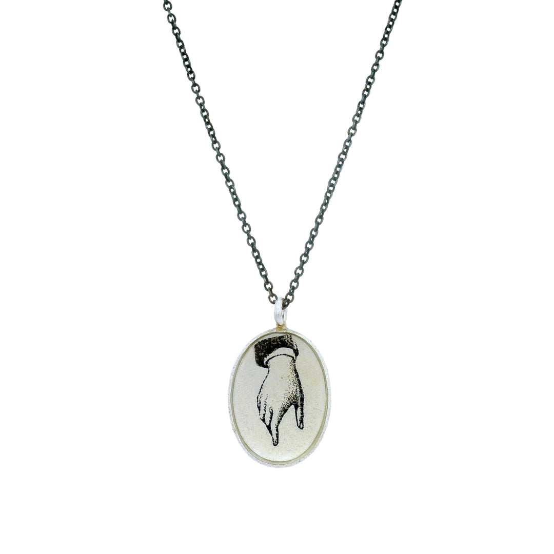 Etched hand motif necklace with oxidized silver cable chain