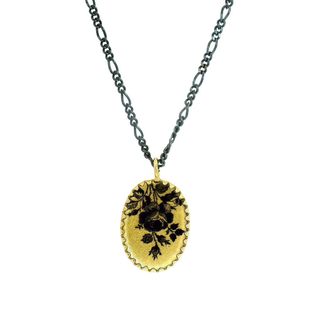 Illustrated rose medallion with oxidized silver Figaro chain