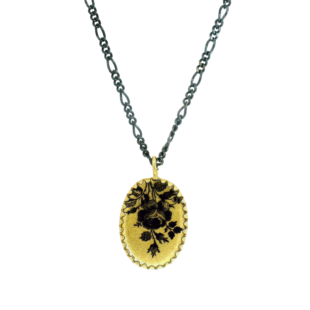 Illustrated rose medallion with oxidized silver Figaro chain