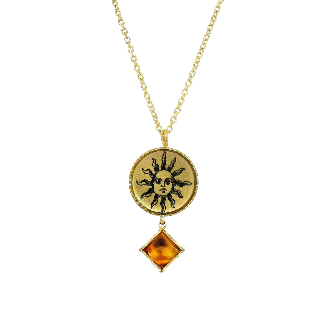 Etched sun medallion pendant with square citrine drop in gold vermeil
