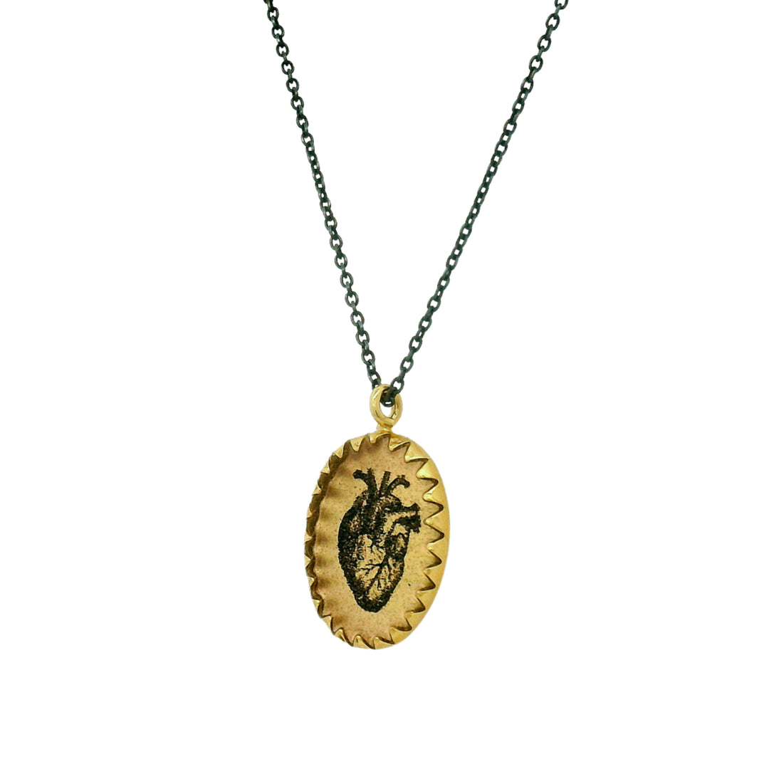 Etched anatomical heart necklace with oxidized silver chain