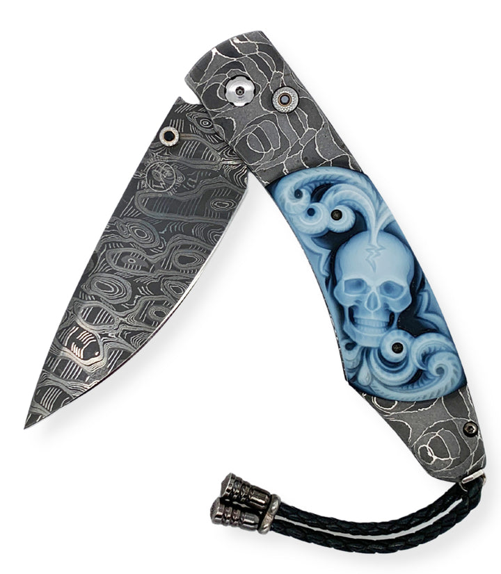 Damascus Steel & Carved Agate Spearpoint Knife - "B12 Belfry"