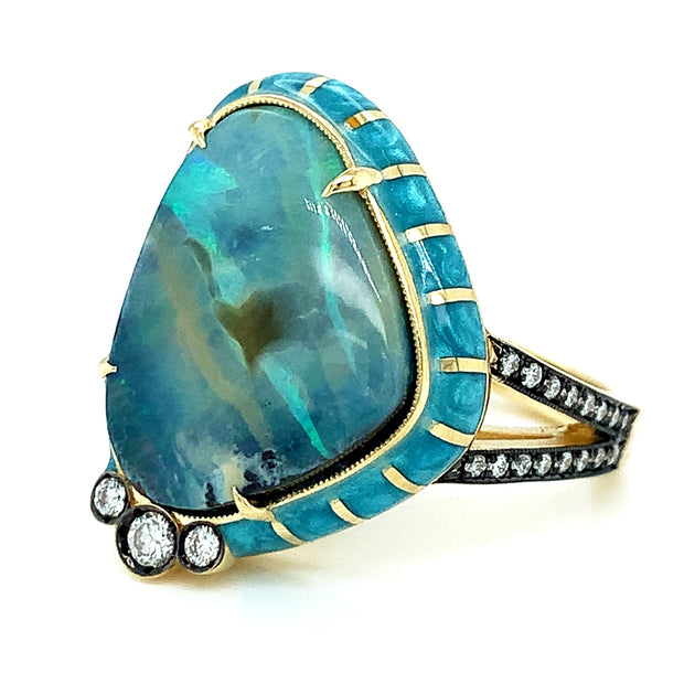 Australian Opal, Diamond & Enamel Fashion Ring - "Rock Candy Aruba"