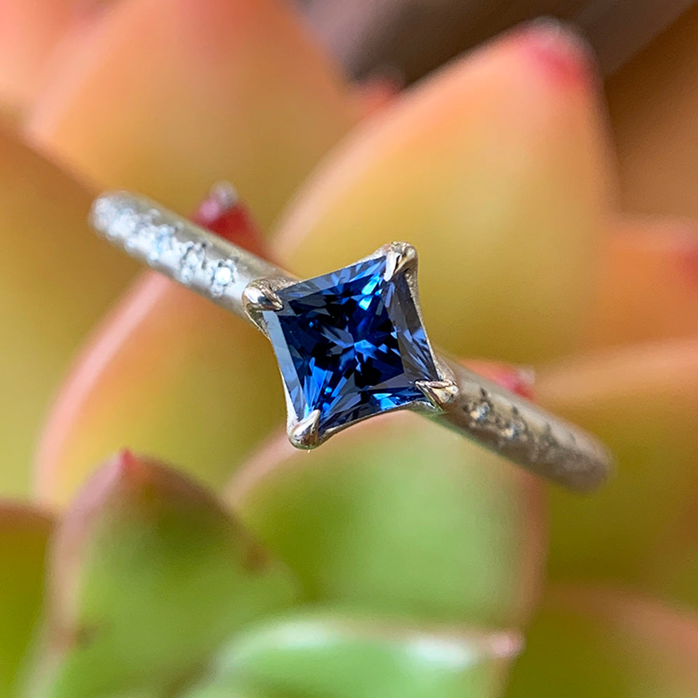 Princess-Cut Yogo Sapphire & Diamond Ring - "Winter Rosebud"