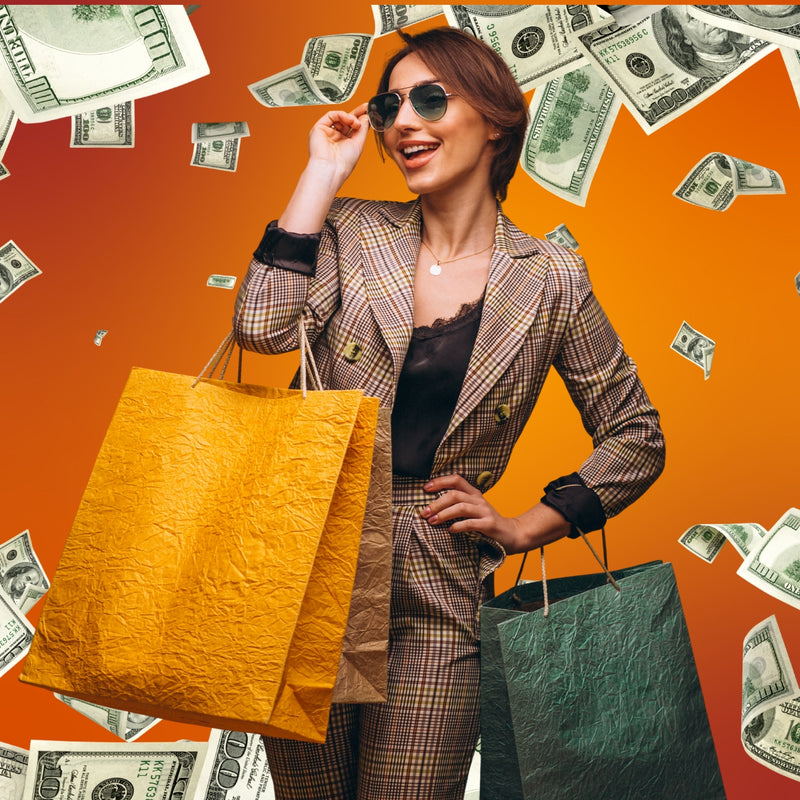 Woman in a suit with shopping bags and money on an orange background
