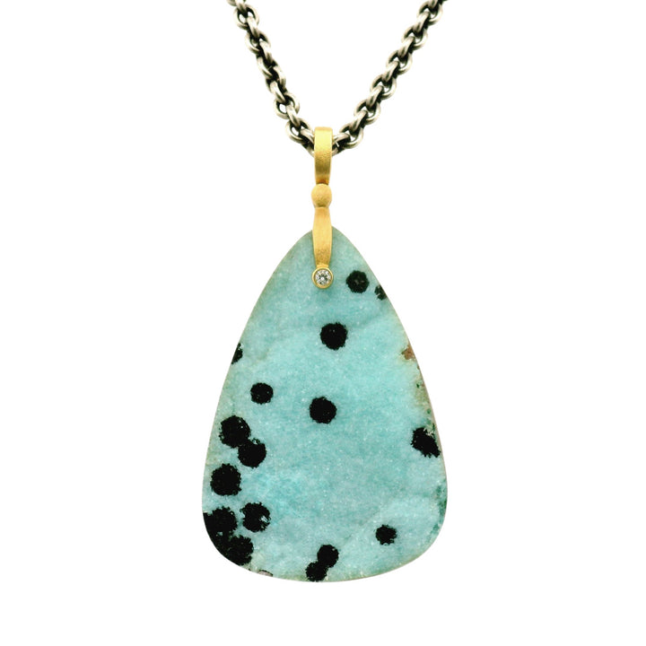Chrysocolla Drusy & Yellow Gold Pendant - "Sticks & Stones"