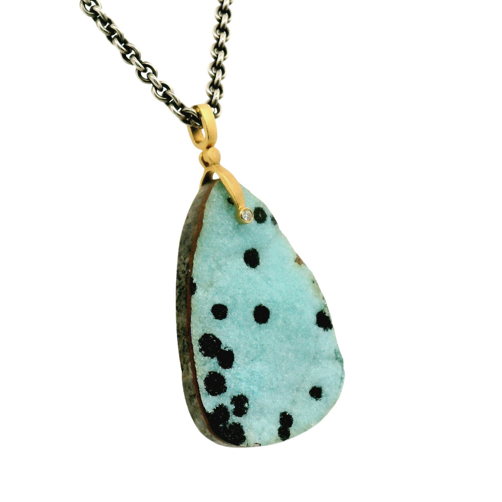 Chrysocolla Drusy & Yellow Gold Pendant - "Sticks & Stones"
