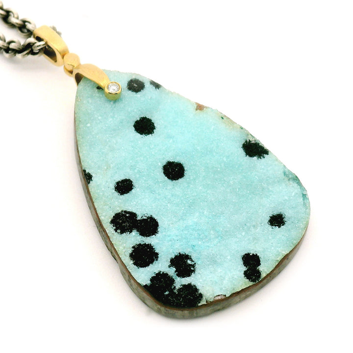 Chrysocolla Drusy & Yellow Gold Pendant - "Sticks & Stones"
