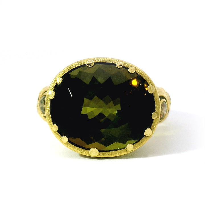 Olive-Brown Tourmaline & Diamond Ring - "Little Windows"