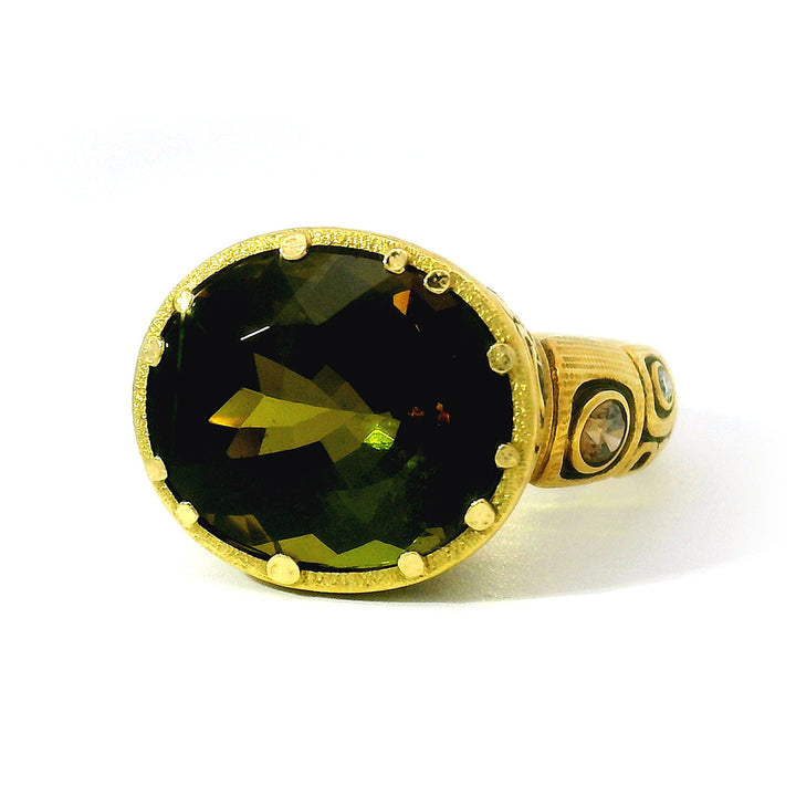 Olive-Brown Tourmaline & Diamond Ring - "Little Windows"