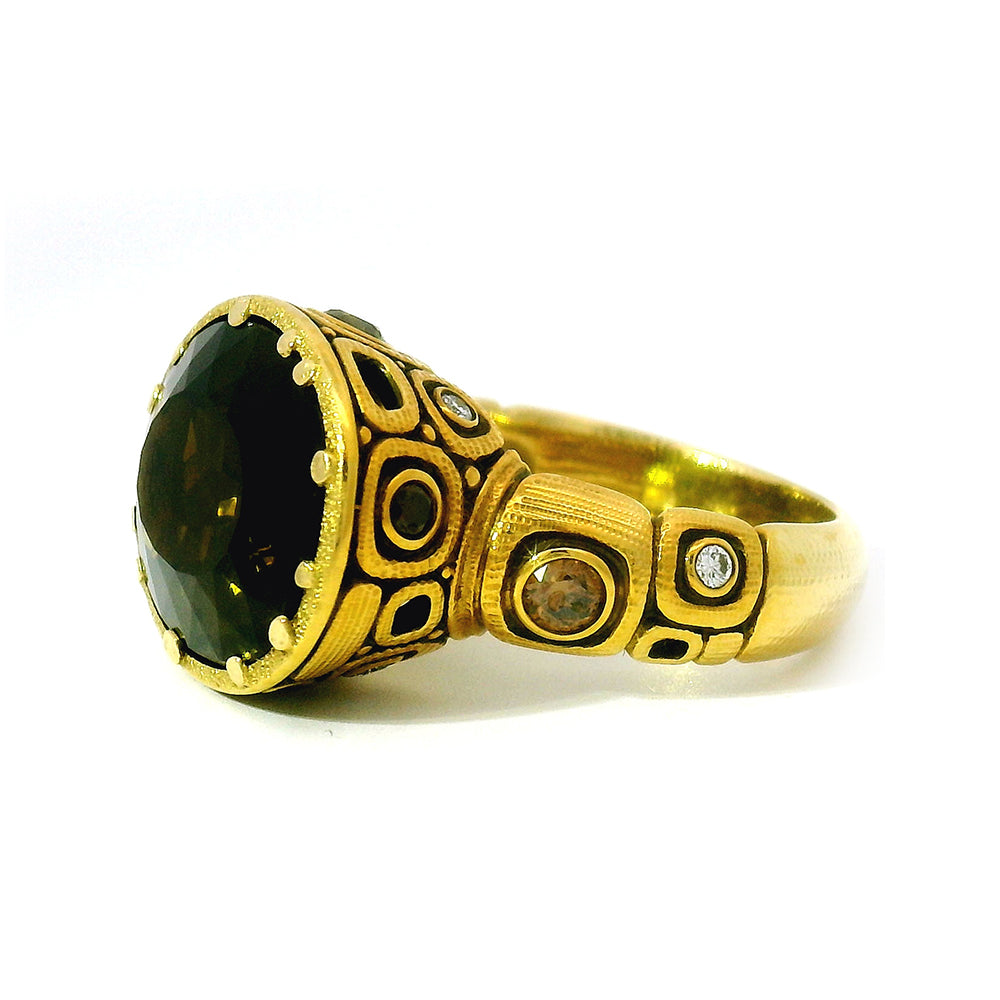 Olive-Brown Tourmaline & Diamond Ring - "Little Windows"