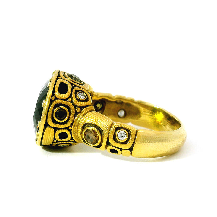 Olive-Brown Tourmaline & Diamond Ring - "Little Windows"
