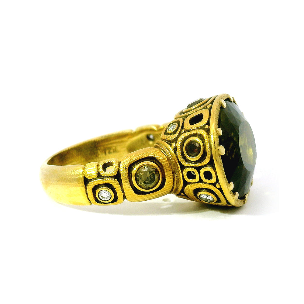 Olive-Brown Tourmaline & Diamond Ring - "Little Windows"