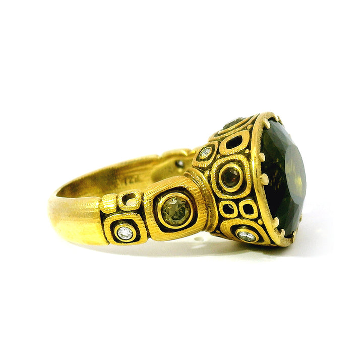 Olive-Brown Tourmaline & Diamond Ring - "Little Windows"