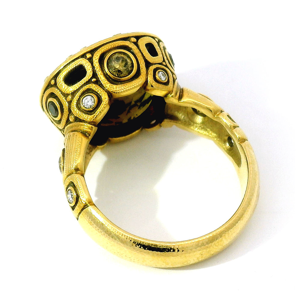 Olive-Brown Tourmaline & Diamond Ring - "Little Windows"
