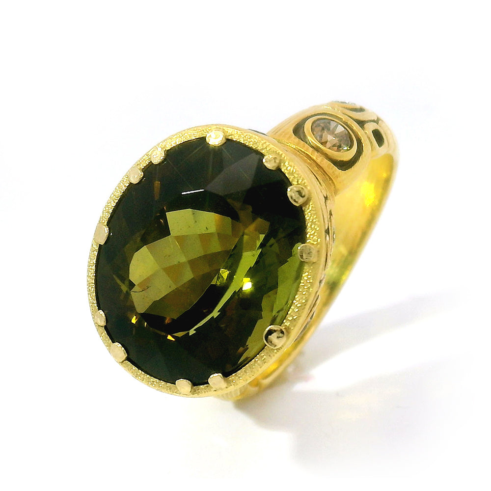 Olive-Brown Tourmaline & Diamond Ring - "Little Windows"