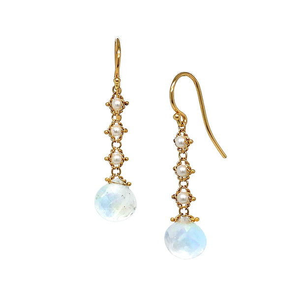 Moonstone & Pearl Woven Drop Earrings - "Moon Drop"