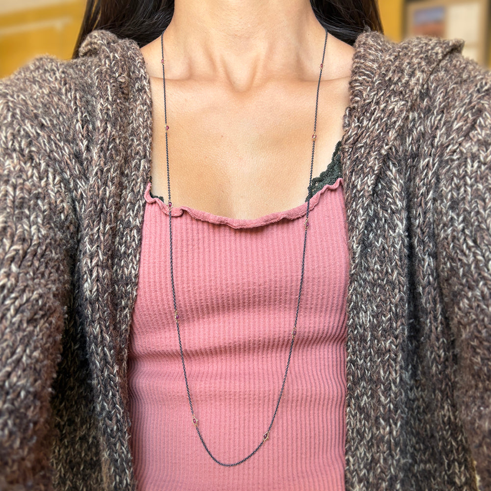 Pink Tourmaline Rondelle & Yellow Gold Station Necklace - "Blush"