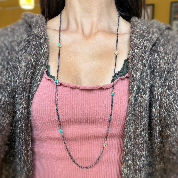 Turquoise Bead & Textile Yellow Gold Station Necklace - "Azora"